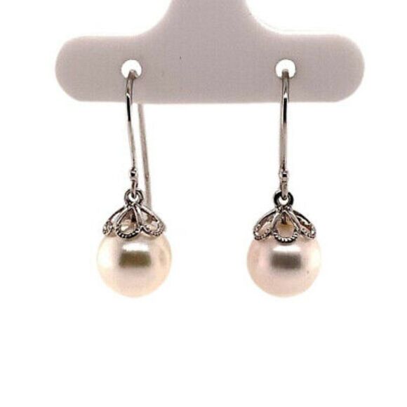 Akoya Pearl Earrings 14 KT Yellow Gold 9.16 mm Certified $1,390 017528 - Picture 2 of 7